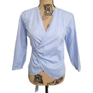 XS Petite J. Crew blue wrap blouse with bow back